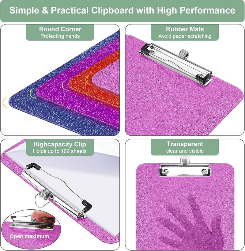 SFLHHDM 1 Pcs Clear Glitter Clipboards, Plastic Clipboard with Pen Holder,Size 8.85 x 12.4 in Shiny Clipboards with Low Profile Clip,Cute Hanging Clipboard for Office Supplies Sparkly Clip Board-Rose Pink - Image 3